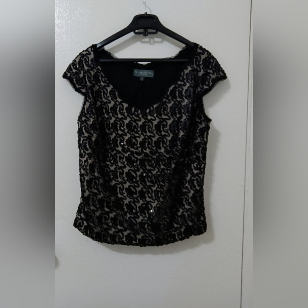 KM Collections by Milla Bell Blouse. Black Sequins blouse. Evening. Size 10.
